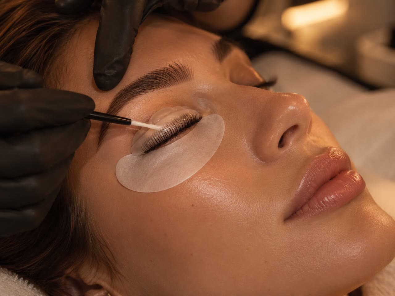 Lash Lifting: Die Wimpern liegen auf dem Lifting-Pad, die Lotion wird aufgetragen