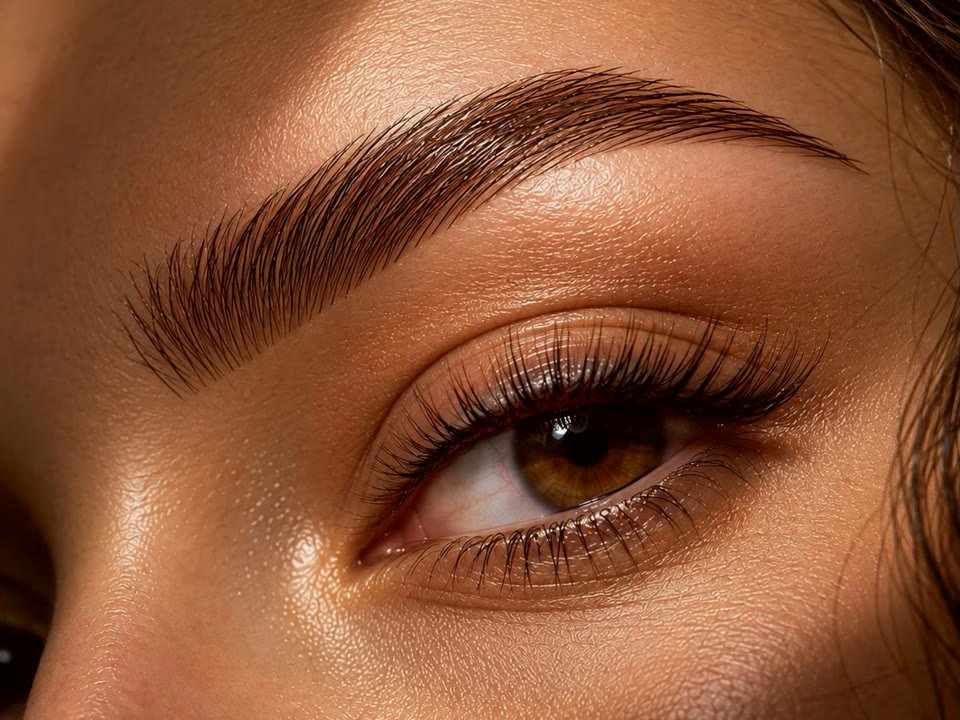 Nahaufnahme: fein gezeichnete Braue und geliftete, gefärbte Wimpern